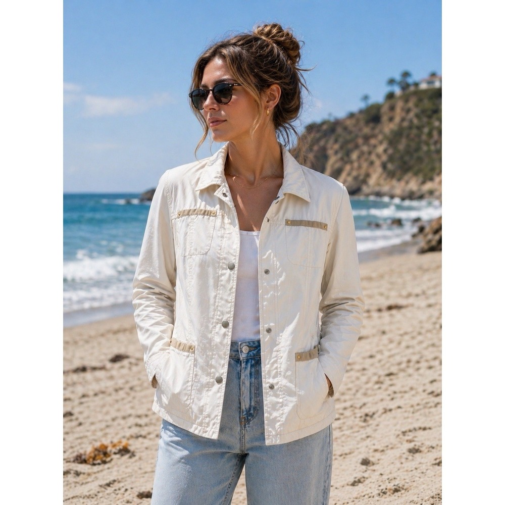Allison Daley Windbreaker Jacket Womens 12P Petite Ivory Zip Lightweight Pockets